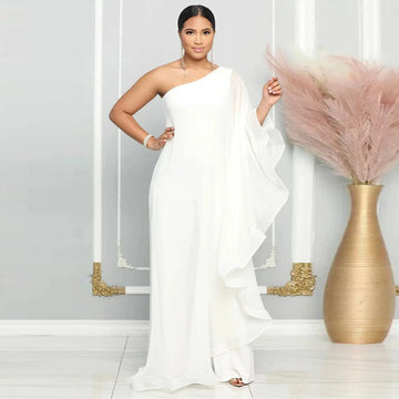 Women's 2-3XL Fashion Designer Ruffle One Shoulder Jumpsuits (Plus Size)-Women's Plus Size Fashion Designer Rompers / Jumpsuits-Women's fashion designer plus size clothes